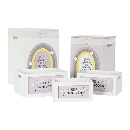 Conjunto de Cestos DKD Home Decor Amarelo Branco Cinzento Cor de Rosa Madeira de paulónia Infantil 40 x 30 x 55 cm (5 Peças) (5 