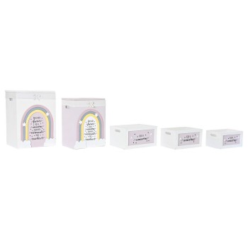 Conjunto de Cestos DKD Home Decor Amarelo Branco Cinzento Cor de Rosa Madeira de paulónia Infantil 40 x 30 x 55 cm (5 Peças) (5 