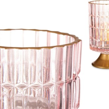 Lanterna LED Riscas Cor de Rosa Dourado Vidro (10,7 x 18 x 10,7 cm)