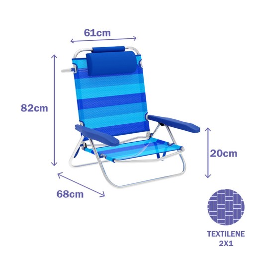 Marbueno Cadeira Dobrável 5 Posições Alumínio com Almofada Listras Azuis Praia e Piscina 61X68X82 cm 10242