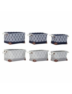 Set di Cestini DKD Home Decor Bianco Marrone Grigio Blu Marino Foglia della pianta Boho 40 x 30 x 24 cm Plastica 3 Pezzi (2 Unit