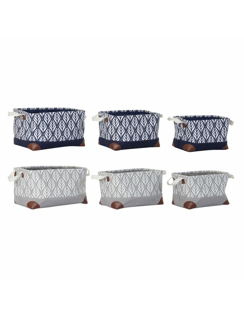 Set di Cestini DKD Home Decor Bianco Marrone Grigio Blu Marino Foglia della pianta Boho 40 x 30 x 24 cm Plastica 3 Pezzi (2 Unit
