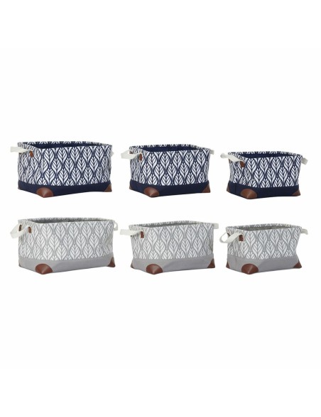 Set di Cestini DKD Home Decor Bianco Marrone Grigio Blu Marino Foglia della pianta Boho 40 x 30 x 24 cm Plastica 3 Pezzi (2 Unit