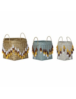 Set di Cestini DKD Home Decor Multicolore Bambù Frange Boho 3 Pezzi