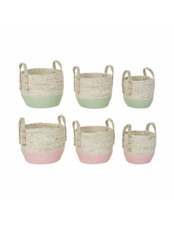 Set di Cestini DKD Home Decor Naturale Rosa Verde Fibra naturale 30 x 30 x 32 cm Boho (2 Unità)
