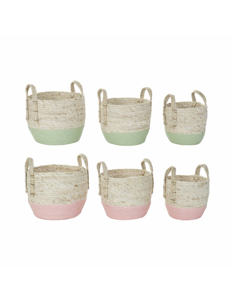 Set di Cestini DKD Home Decor Naturale Rosa Verde Fibra naturale 30 x 30 x 32 cm Boho (2 Unità)