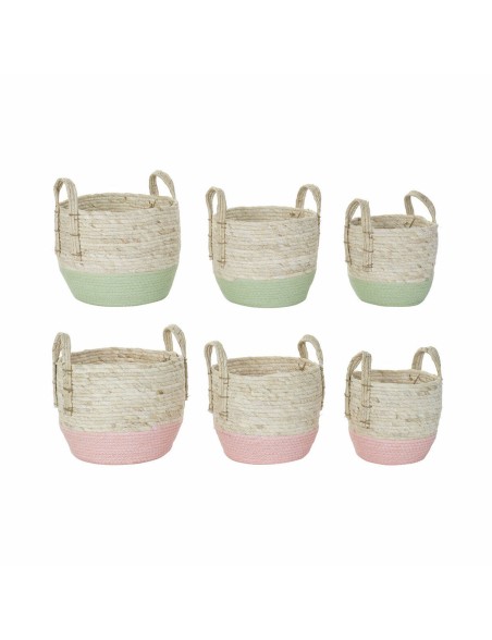 Set di Cestini DKD Home Decor Naturale Rosa Verde Fibra naturale 30 x 30 x 32 cm Boho (2 Unità)
