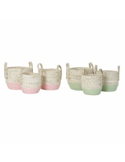 Conjunto de Cestas DKD Home Decor Natural Cor de Rosa Verde Fibra natural 30 x 30 x 32 cm Boho (2 Unidades)