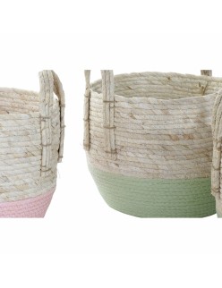 Set di Cestini DKD Home Decor Naturale Rosa Verde Fibra naturale 30 x 30 x 32 cm Boho (2 Unità)