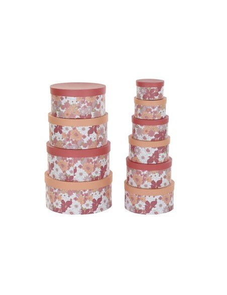 Jeu de Caisses de Rangement Empilables DKD Home Decor Fleurs Rayures Fuchsia Blanc Pêche Carton (37,5 x 37,5 x 18 cm)