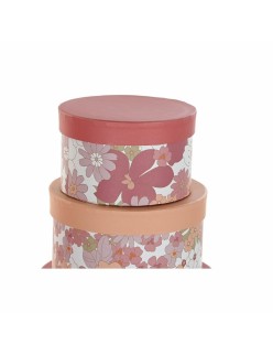 Jeu de Caisses de Rangement Empilables DKD Home Decor Fleurs Rayures Fuchsia Blanc Pêche Carton (37,5 x 37,5 x 18 cm)