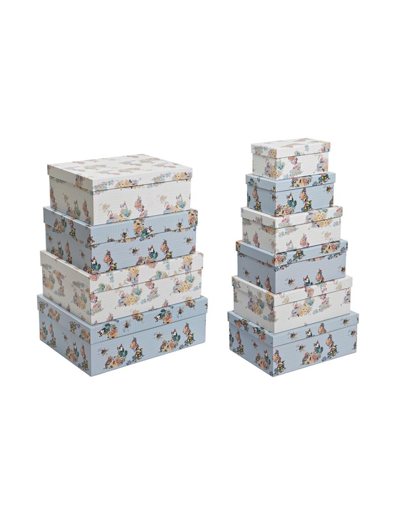 Set de Cajas Organizadoras Apilables DKD Home Decor Azul Blanco Flores Cartón (43,5 x 33,5 x 15,5 cm)