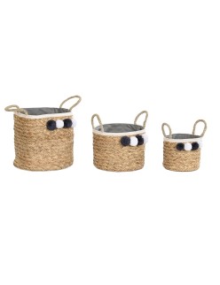 Set di Cestini DKD Home Decor Naturale Cotone Pompon Fibra naturale (40 x 40 x 35 cm)