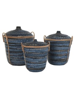 Juego de Cestas DKD Home Decor Azul Negro Boho 51 x 51 x 65 cm 3 Piezas