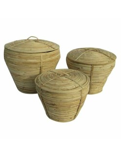 Set di Cestini DKD Home Decor Con coperchio Naturale Rattan Tropicale (3 Pezzi) (35 x 35 x 30 cm)
