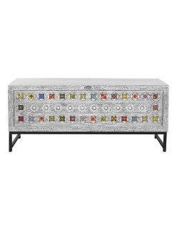 Baúl DKD Home Decor Cerámica Gris Blanco Madera de mango (116 x 40 x 50 cm)