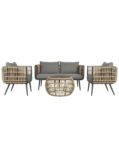 Conjunto de Mesa com 3 Poltronas DKD Home Decor Castanho Alumínio Rotim sintético 144 x 67 x 74 cm Conjunto de Mesa com 3 Poltronas DKD Home Decor Castanho Alumínio Rotim sintético 144 x 67 x 74 cm