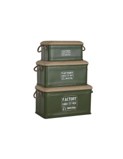 Set di Bauli Home ESPRIT Verde scuro Naturale Metallo Corda Fibra 69 X 37 X 37,5 cm (3 Unità)