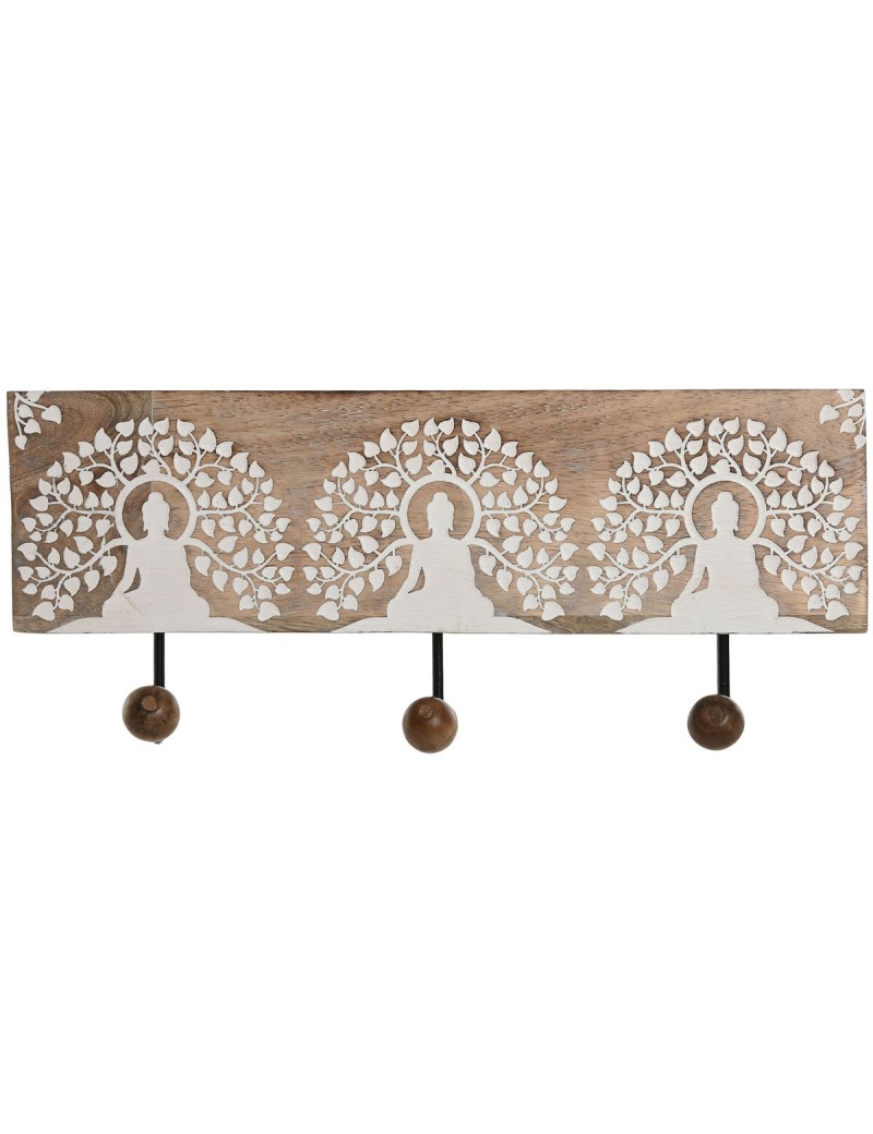 Bengaleiro de parede Home ESPRIT Branco Preto Natural Metal Madeira de mangueira Buda 38 x 5 x 16 cm