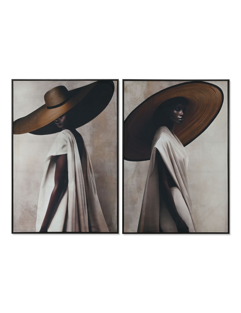 Pintura Home ESPRIT Preto Bege Dourado Veludo Chapéu Moderno (2 Unidades)