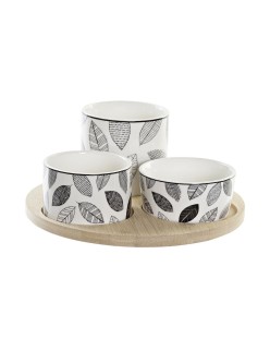 Set da Aperitivo DKD Home Decor Bianco/Nero Bambù Gres Fogli Cottage 3 Pezzi 8 cm 20 x 20 x 8 cm