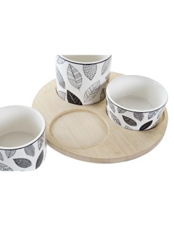 Set da Aperitivo DKD Home Decor Bianco/Nero Bambù Gres Fogli Cottage 3 Pezzi 8 cm 20 x 20 x 8 cm