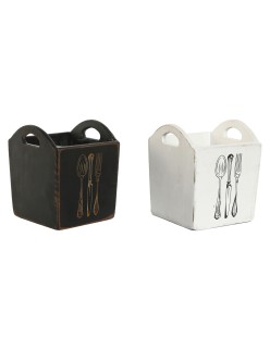 Cutlery basket Home ESPRIT White Black Fir wood 15 x 15 x 18 cm