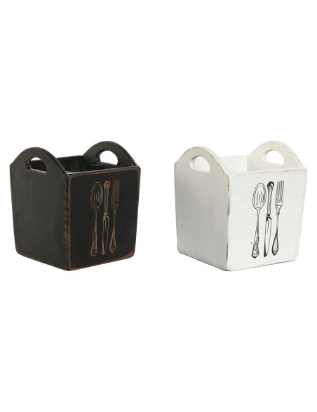 Cutlery basket Home ESPRIT White Black Fir wood 15 x 15 x 18 cm