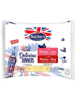 Katzenfutter Butcher's Delicious Huhn Rindfleisch Leber 4 x 100 g