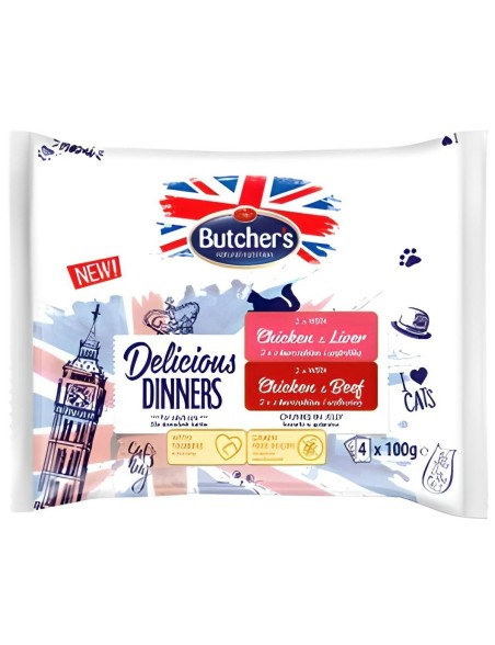 Katzenfutter Butcher's Delicious Huhn Rindfleisch Leber 4 x 100 g