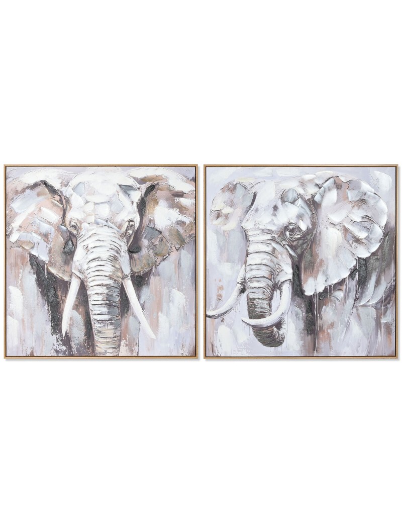 Cuadro Home ESPRIT Blanco Marrón Gris Elefante Colonial 80 x 3,5 x 80 cm (2 Unidades)