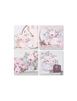 Cuadro Home ESPRIT Verde Rosa Rosas Romántico 60 x 3 x 60 cm (4 Unidades)