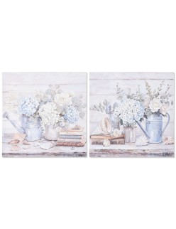 Cuadro Home ESPRIT Azul Gris Shabby Chic Hortensia 60 x 3 x 60 cm (2 Unidades)