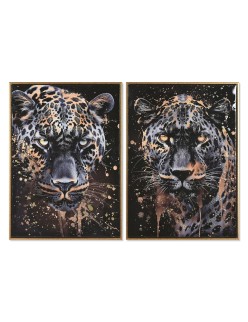 Cuadro Home ESPRIT Negro Dorado Leopardo Colonial Lacado 50 x 3,5 x 70 cm (2 Unidades)