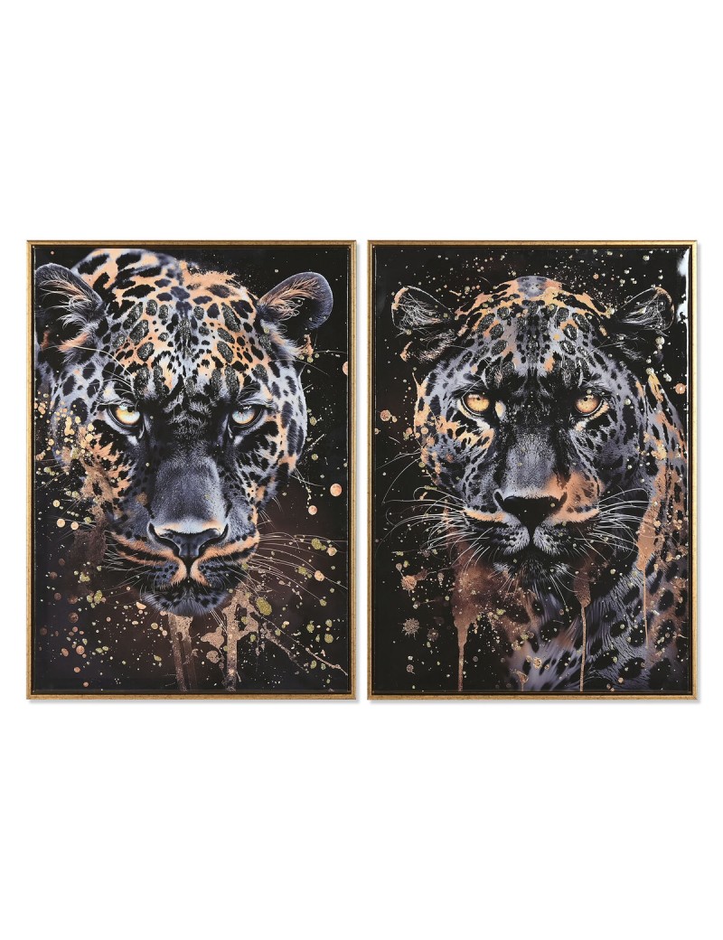 Cuadro Home ESPRIT Negro Dorado Leopardo Colonial Lacado 50 x 3,5 x 70 cm (2 Unidades)