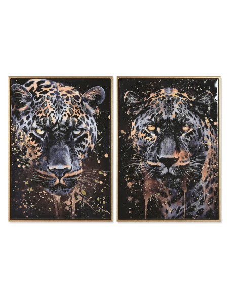 Cuadro Home ESPRIT Negro Dorado Leopardo Colonial Lacado 50 x 3,5 x 70 cm (2 Unidades)