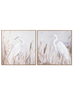 Cuadro Home ESPRIT Blanco Beige Gris Pájaro Oriental 80 x 3,5 x 80 cm (2 Unidades)