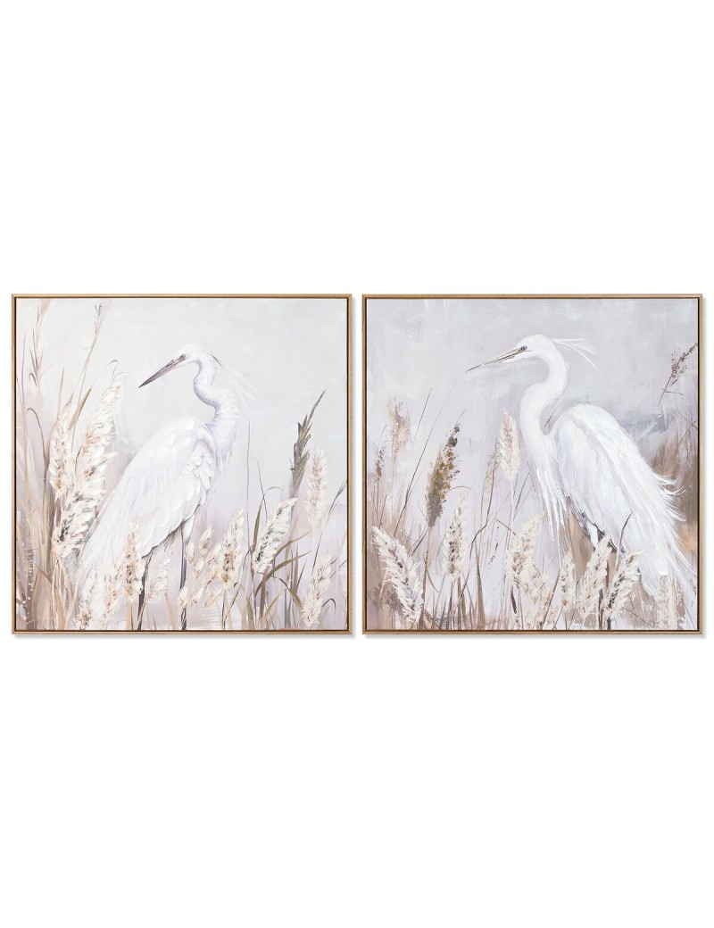 Cuadro Home ESPRIT Blanco Beige Gris Pájaro Oriental 80 x 3,5 x 80 cm (2 Unidades)