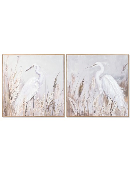 Cuadro Home ESPRIT Blanco Beige Gris Pájaro Oriental 80 x 3,5 x 80 cm (2 Unidades)