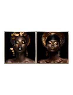 Cuadro Home ESPRIT Negro Dorado Africana 80 x 3,5 x 80 cm (2 Unidades)