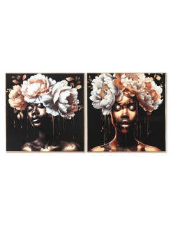 Pintura Home ESPRIT Branco Preto Dourado Bloemen 80 x 3,5 x 80 cm (2 Unidades)