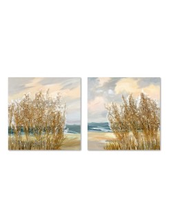 Pintura Home ESPRIT Azul Dourado Praia Mediterrâneo 80 x 3 x 80 cm (2 Unidades)