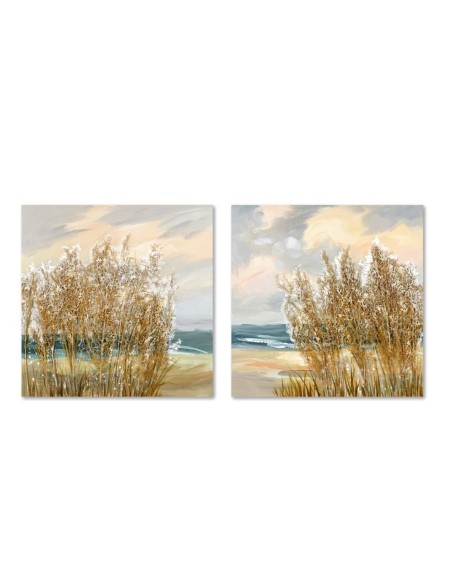 Pintura Home ESPRIT Azul Dourado Praia Mediterrâneo 80 x 3 x 80 cm (2 Unidades)