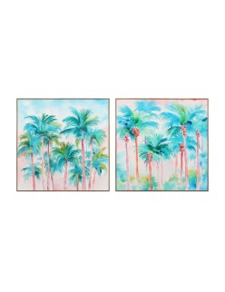 Pintura Home ESPRIT Azul Vermelho Verde Azul celeste Palmeiras Tropical 80 x 3,5 x 80 cm (2 Unidades)