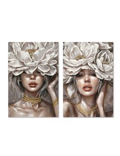 Cadre Home ESPRIT Blanc Beige Fleurs Romantique 60 x 3 x 90 cm (2 Unités)