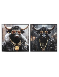 Painting Home ESPRIT Black Golden Modern Bull Lacquered 100 x 4 x 100 cm (2 Units)
