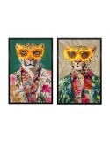 Cuadro Home ESPRIT Verde Beige Rosa Flores Leopardo Moderno 63 x 3 x 93 cm (2 Unidades)