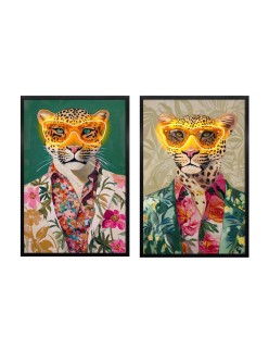 Quadro Home ESPRIT Verde Beige Rosa Fiori Leopardo Moderno 63 x 3 x 93 cm (2 Unità)