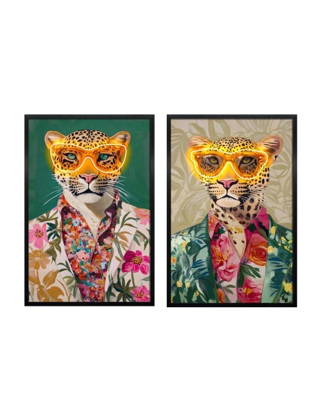 Quadro Home ESPRIT Verde Beige Rosa Fiori Leopardo Moderno 63 x 3 x 93 cm (2 Unità)
