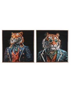 Cuadro Home ESPRIT Negro Turquesa Tigre Lacado 60 x 3,5 x 60 cm (2 Unidades)